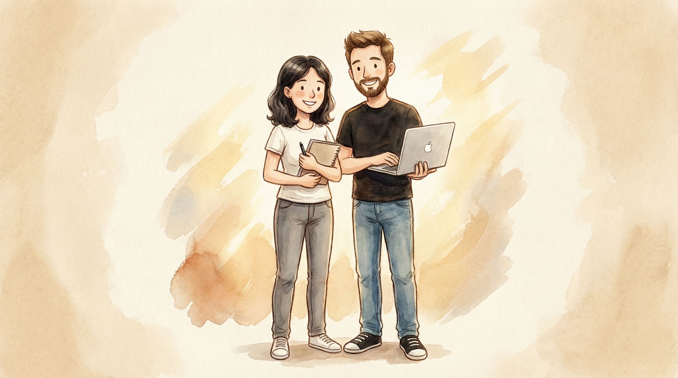 Ilustración de los autores: Pamela Frías y Daniel Pérez, de pie juntos en estilo de ilustración infantil cálida.