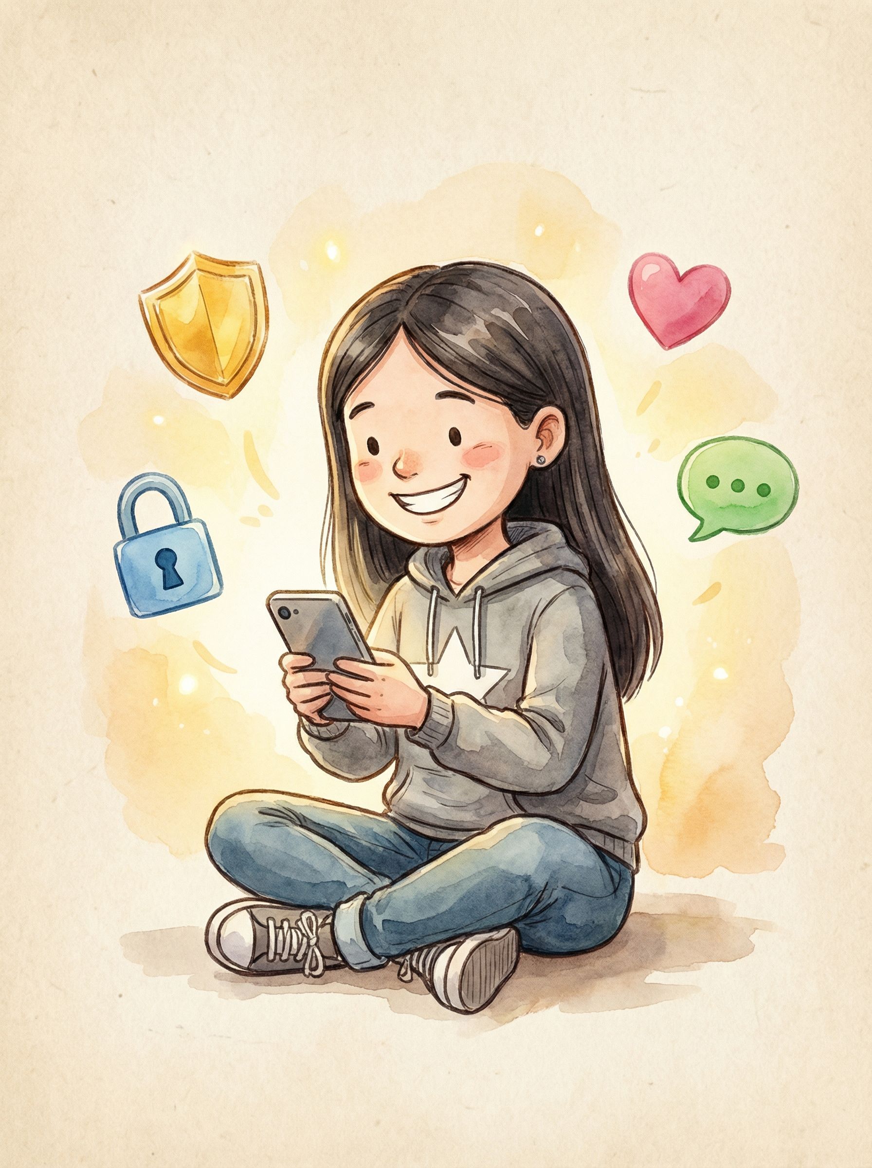 Amanda, la protagonista del libro, sentada sonriendo con su celular rodeada de iconos de seguridad.