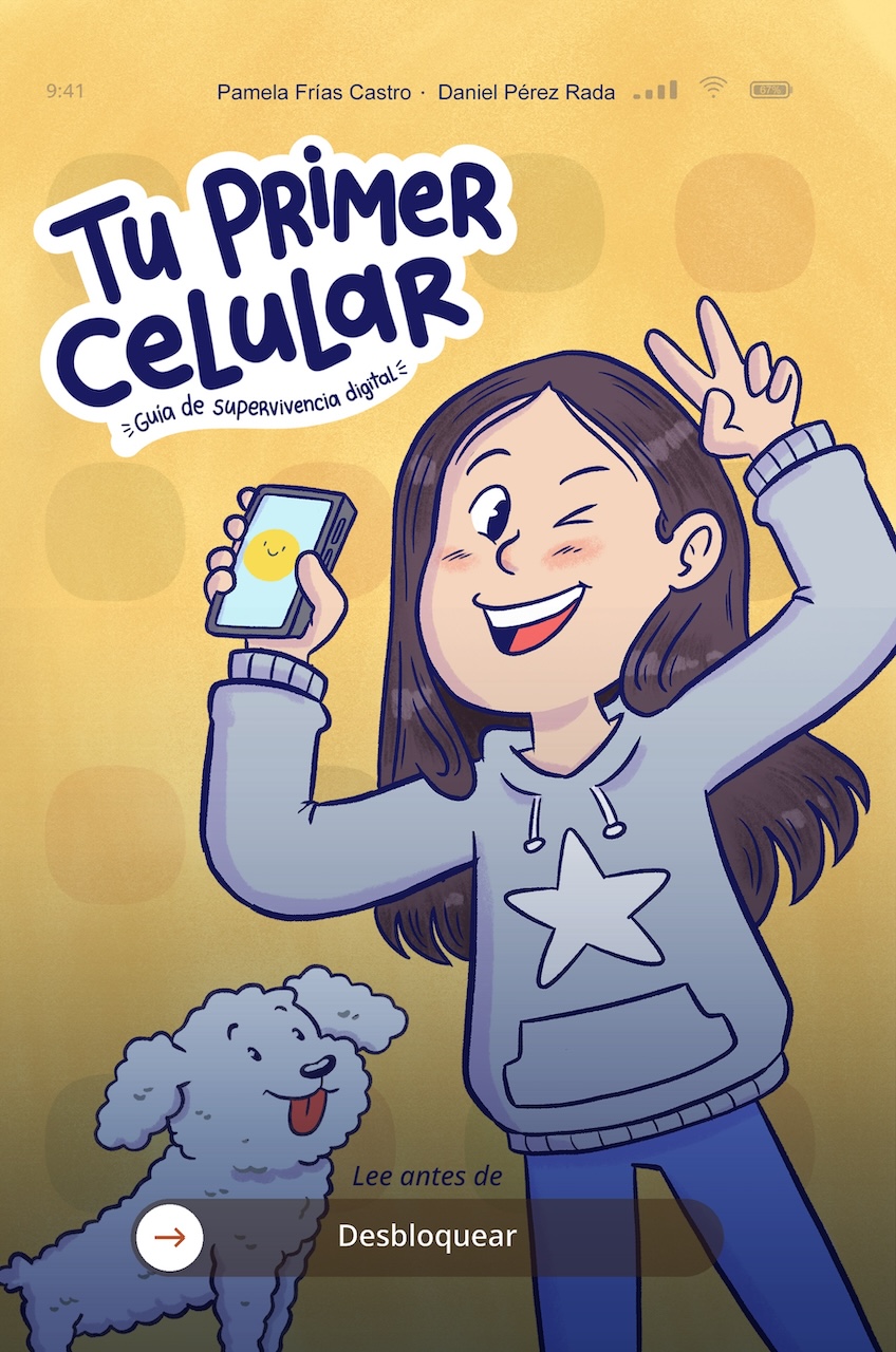 Portada del libro Tu Primer Celular: una niña sonriente sostiene un teléfono junto a un perro.