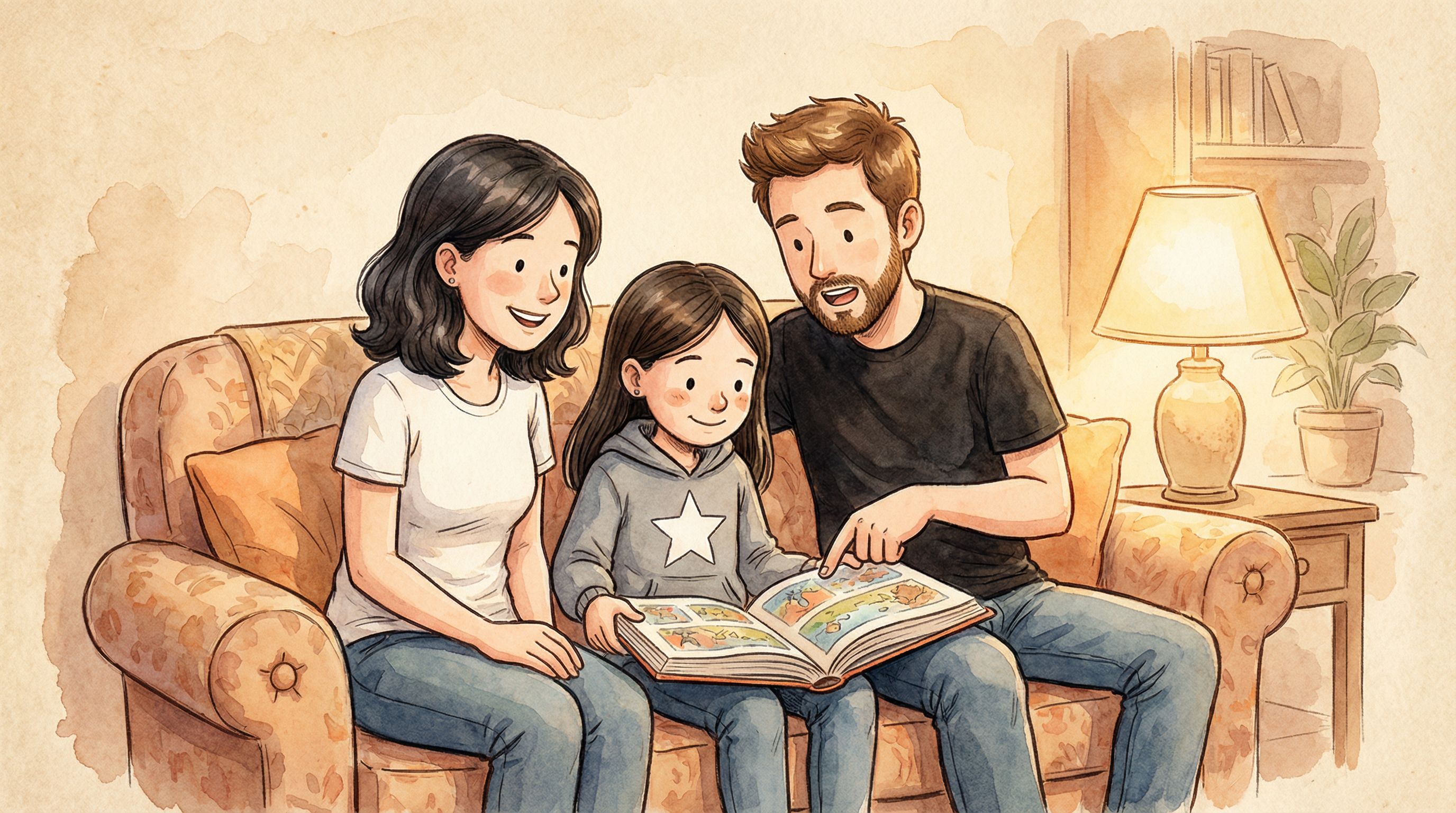 Ilustración de una familia leyendo el libro juntos en un sofá: Amanda, su papá y su mamá.