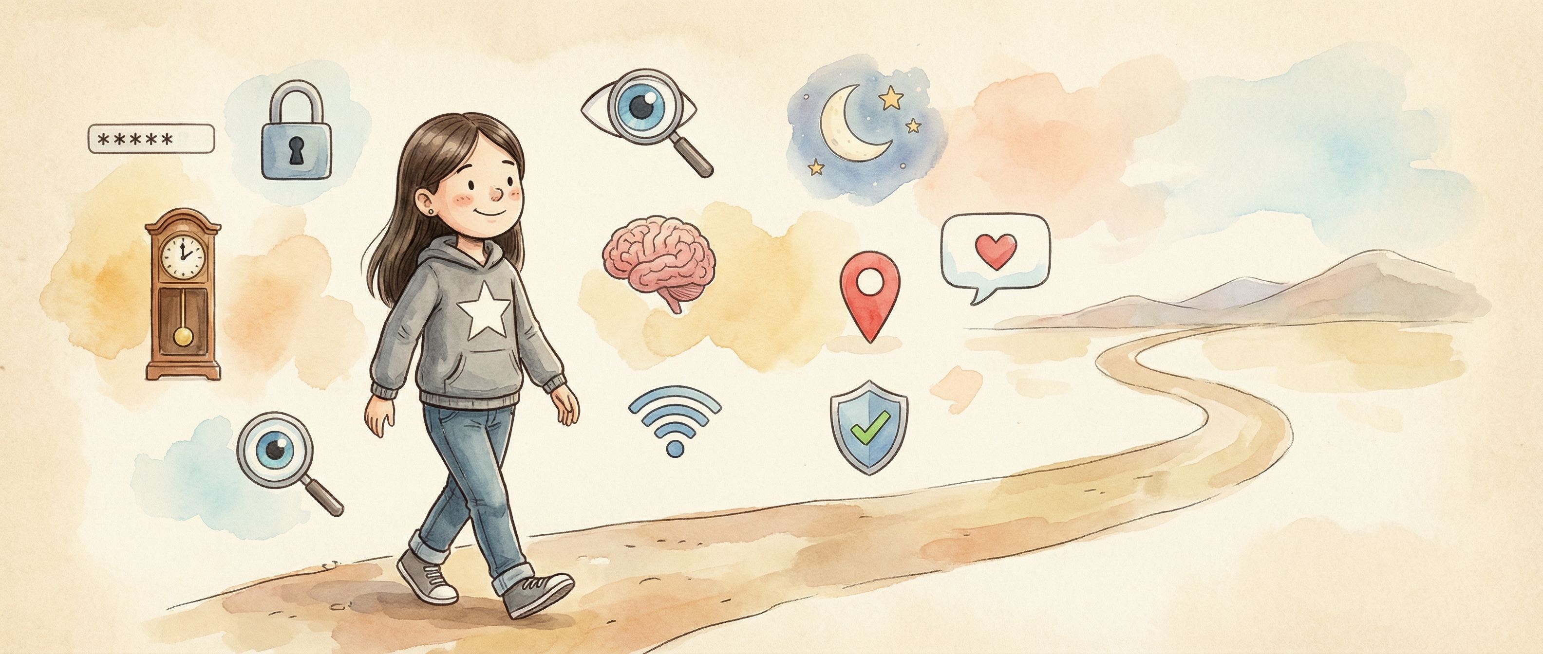 Amanda caminando por un sendero rodeada de iconos que representan los temas del libro: seguridad, privacidad, sueño, salud mental.